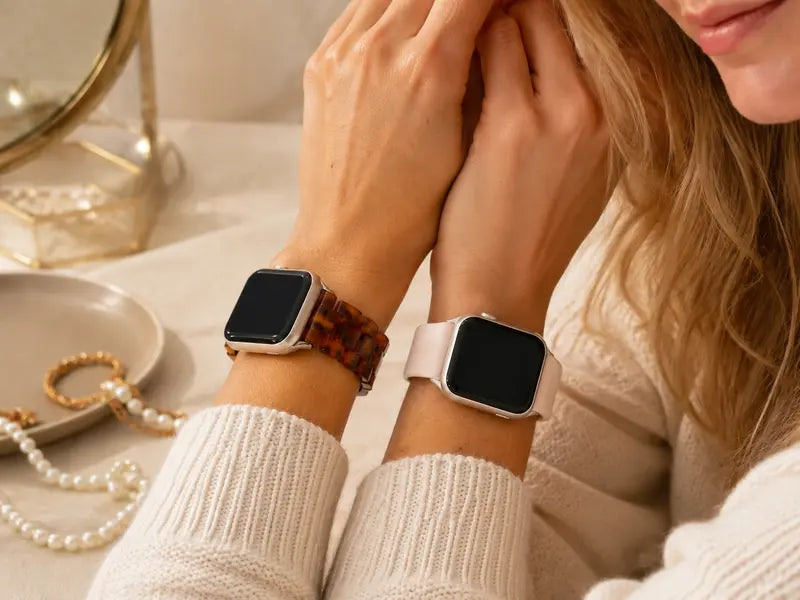 Model A wearing both a tortoiseshell acetate Apple Watch band and a blush silicone Apple Watch band on her left and right wrists