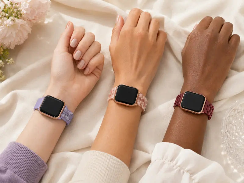 Three skin tones styled with lavender, blush and berry Apple Watch band colors