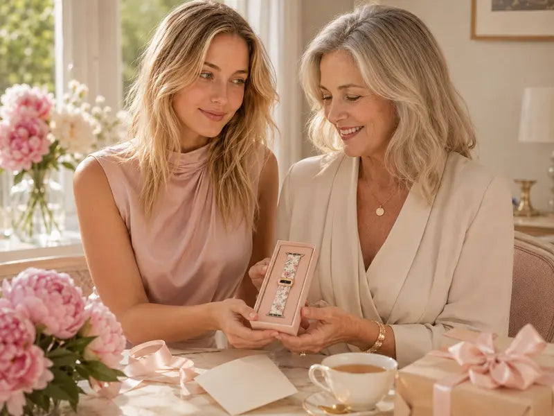 Daughter giving her mother a floral Apple Watch band in a blush gift box for Mother’s Day