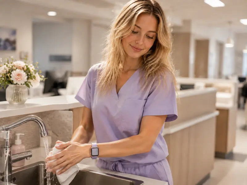 Healthcare professional in lavender scrubs washing her hands while wearing a smooth lilac Apple Watch band