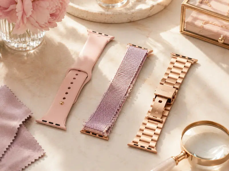 Blush silicone, woven and rose gold Apple Watch bands showing different visible signs of wear