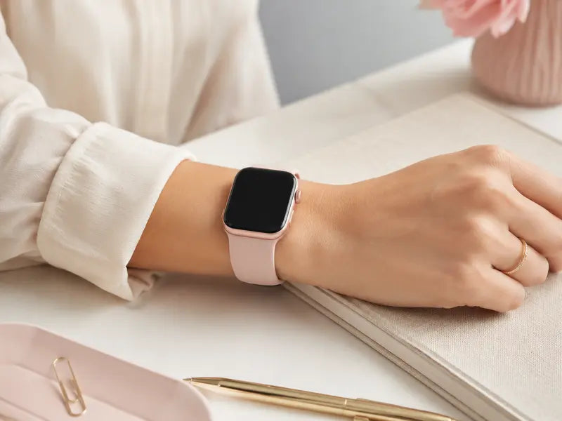 Comfortably fitted blush Apple Watch band on a woman's wrist