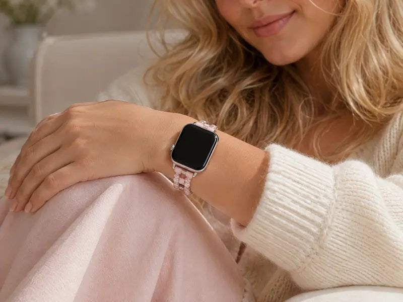 Model A wearing a delicate pink pearl Apple Watch band fitted to a small wrist