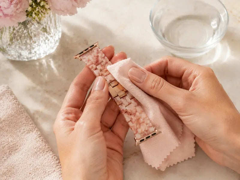 Hands gently cleaning a detached pink resin Apple Watch band with a soft damp cloth