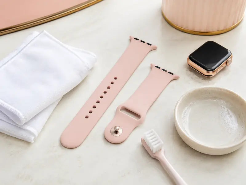 Hands gently cleaning a silicone Apple Watch band with a soft lint-free cloth