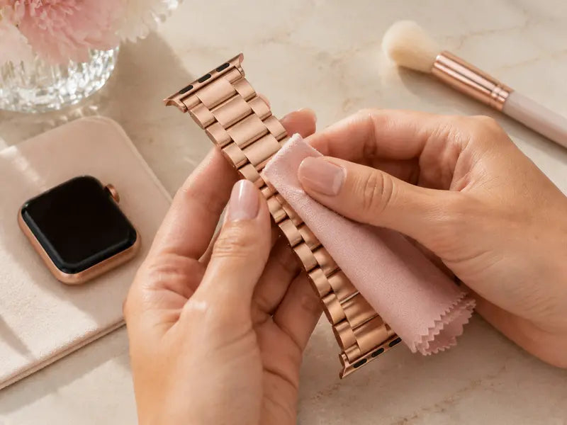 Hands wiping a detached rose gold stainless steel Apple Watch band with a pink microfiber cloth