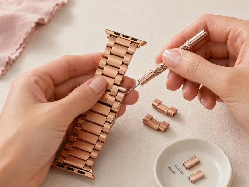 Hands using a pin tool to remove links from a detached rose gold Apple Watch band