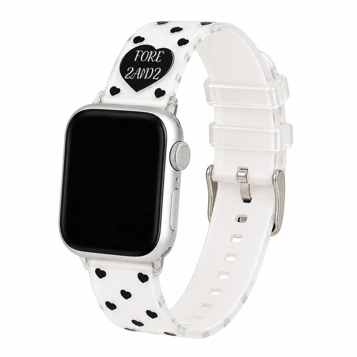 Amour clear TPU Apple Watch band with black heart print on white background