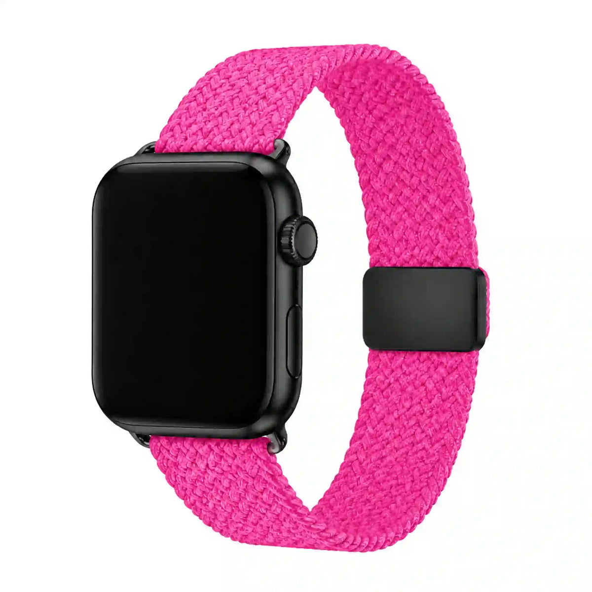 Fuchsia braided Apple Watch band with black case and black slider clasp on a white background