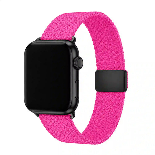 Fuchsia braided Apple Watch band with black case and black slider clasp on a white background