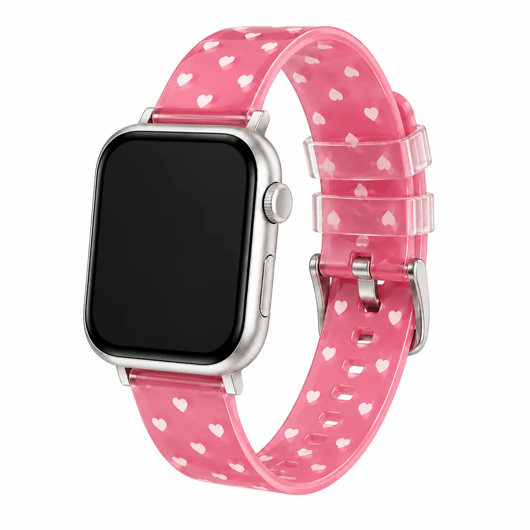 Clear TPU Apple Watch band with a soft pink heart pattern on a white background