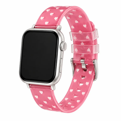 Clear TPU Apple Watch band with a soft pink heart pattern on a white background