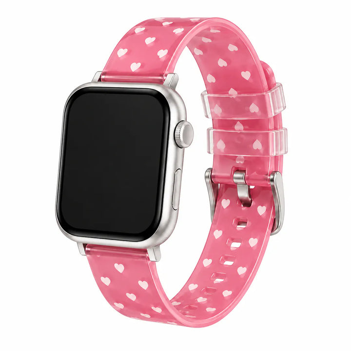 Clear TPU Apple Watch band with a soft pink heart pattern on a white background