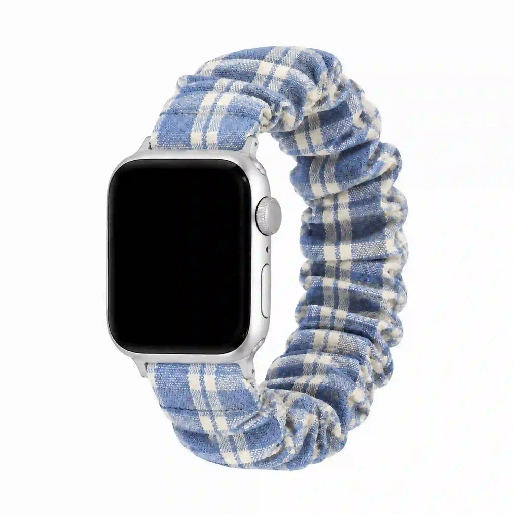 Blue gingham scrunchie Apple Watch band on a pure white background