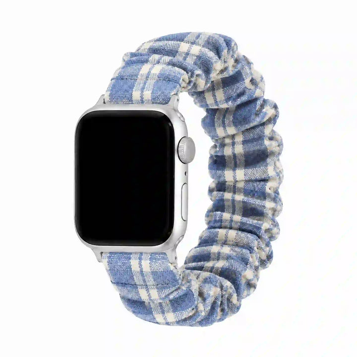 Blue gingham scrunchie Apple Watch band on a pure white background