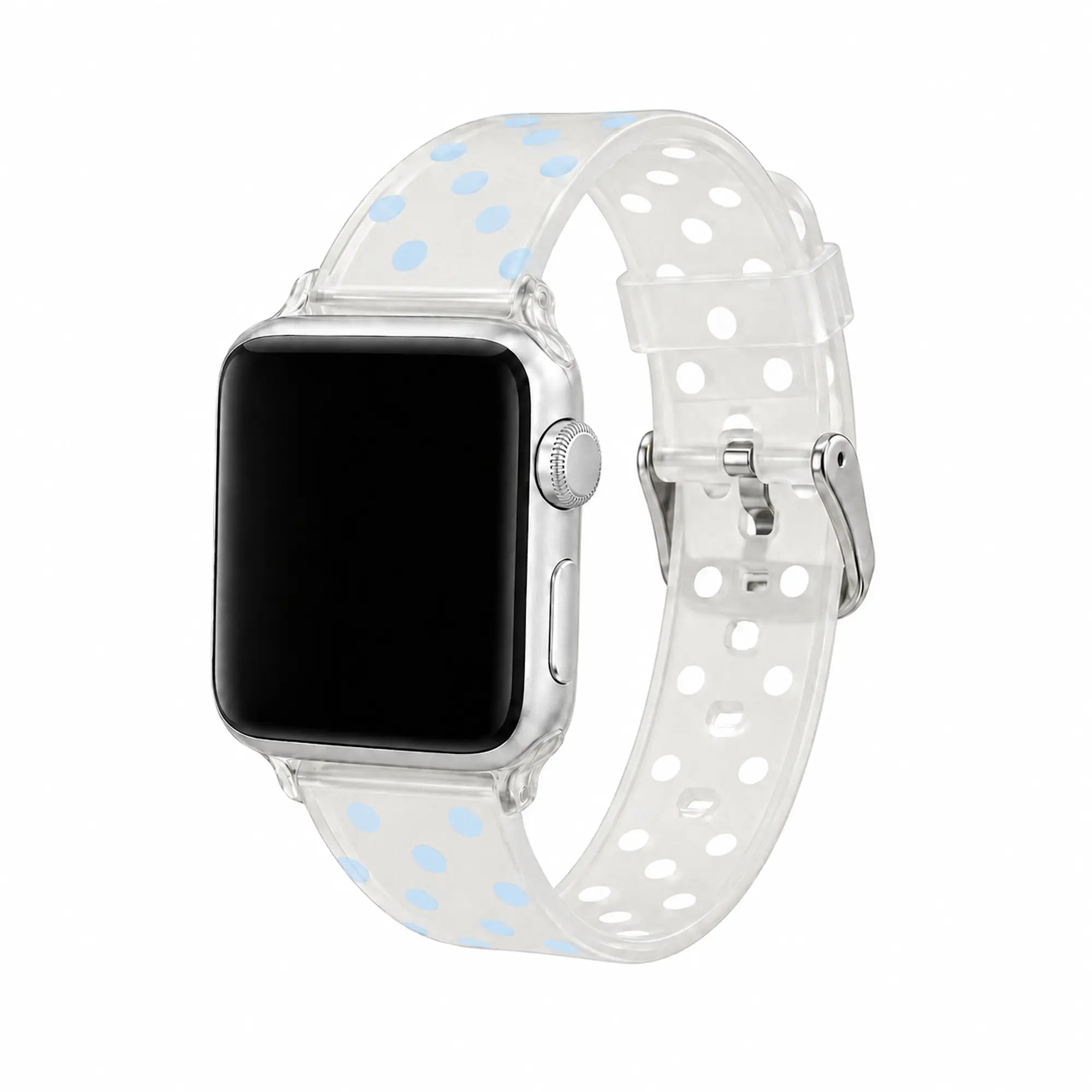 Celeste clear TPU Apple Watch band with soft blue polka dots and silver buckle