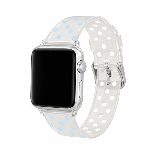 Celeste clear TPU Apple Watch band with soft blue polka dots and silver buckle