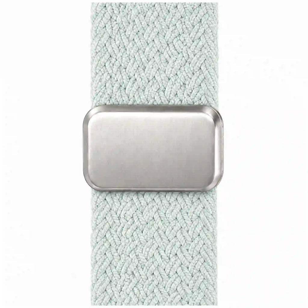 Close-up of the Céleste mint braided loop Apple Watch band and its silver adjustable clasp.