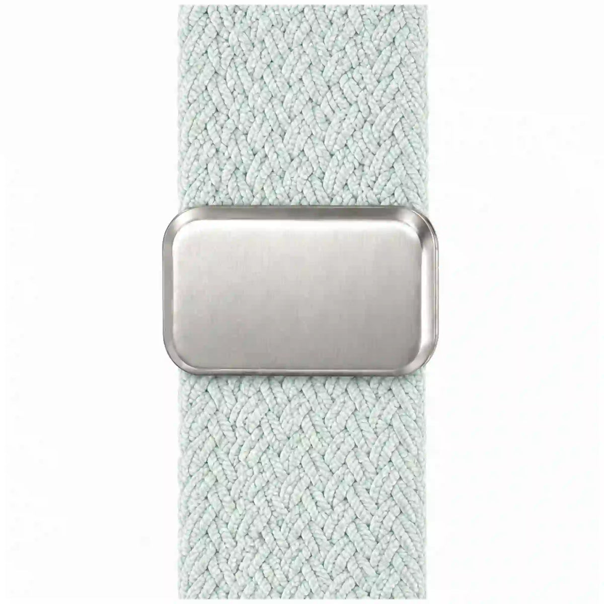 Close-up of the Céleste mint braided loop Apple Watch band and its silver adjustable clasp.