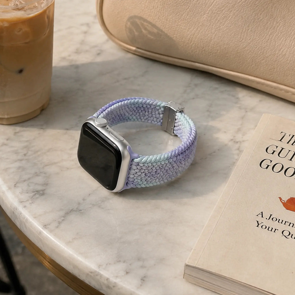 Clémence blue lilac braided Apple Watch band displayed on a marble café table.
