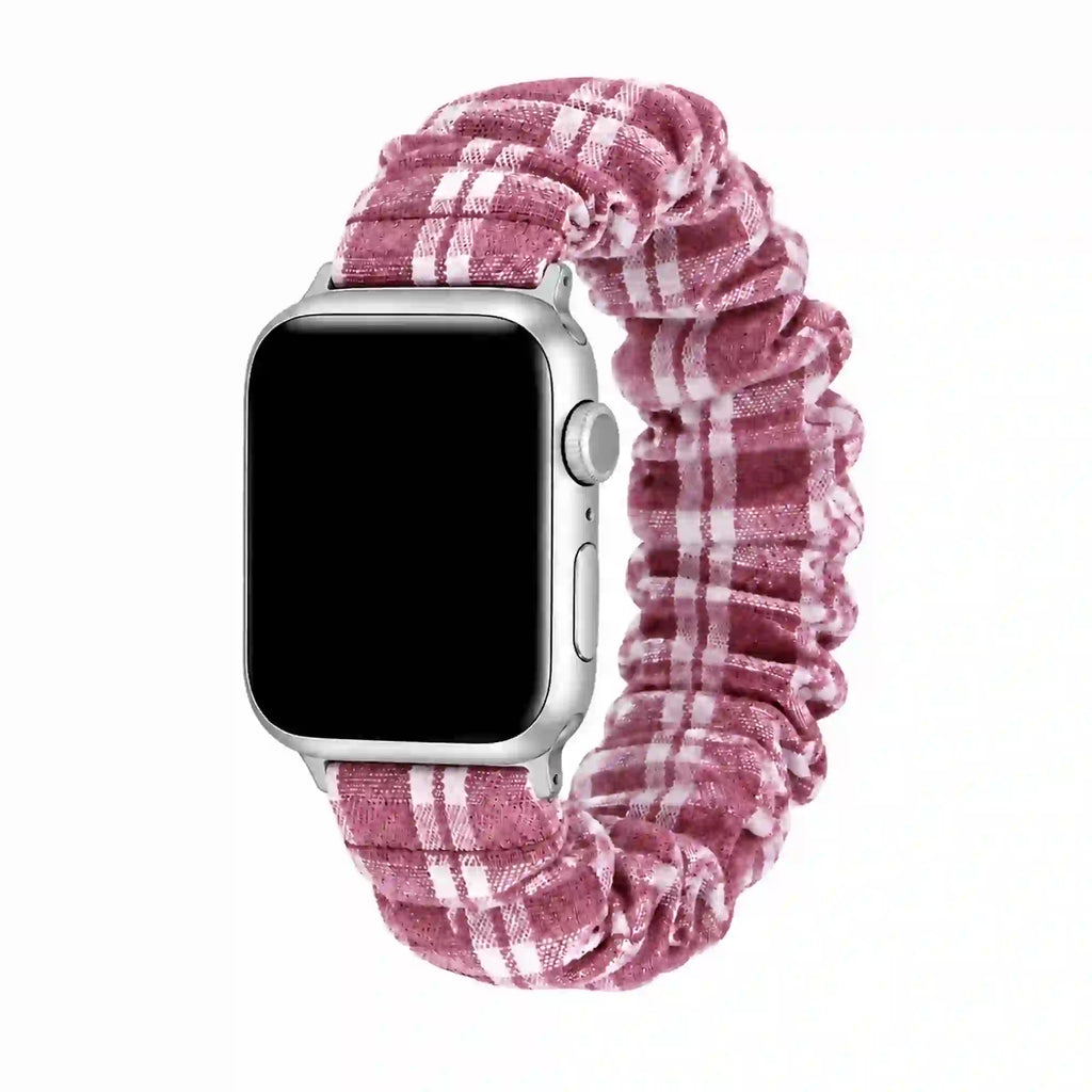 Élise burgundy gingham scrunchie Apple Watch band with a silver case on a pure white background.