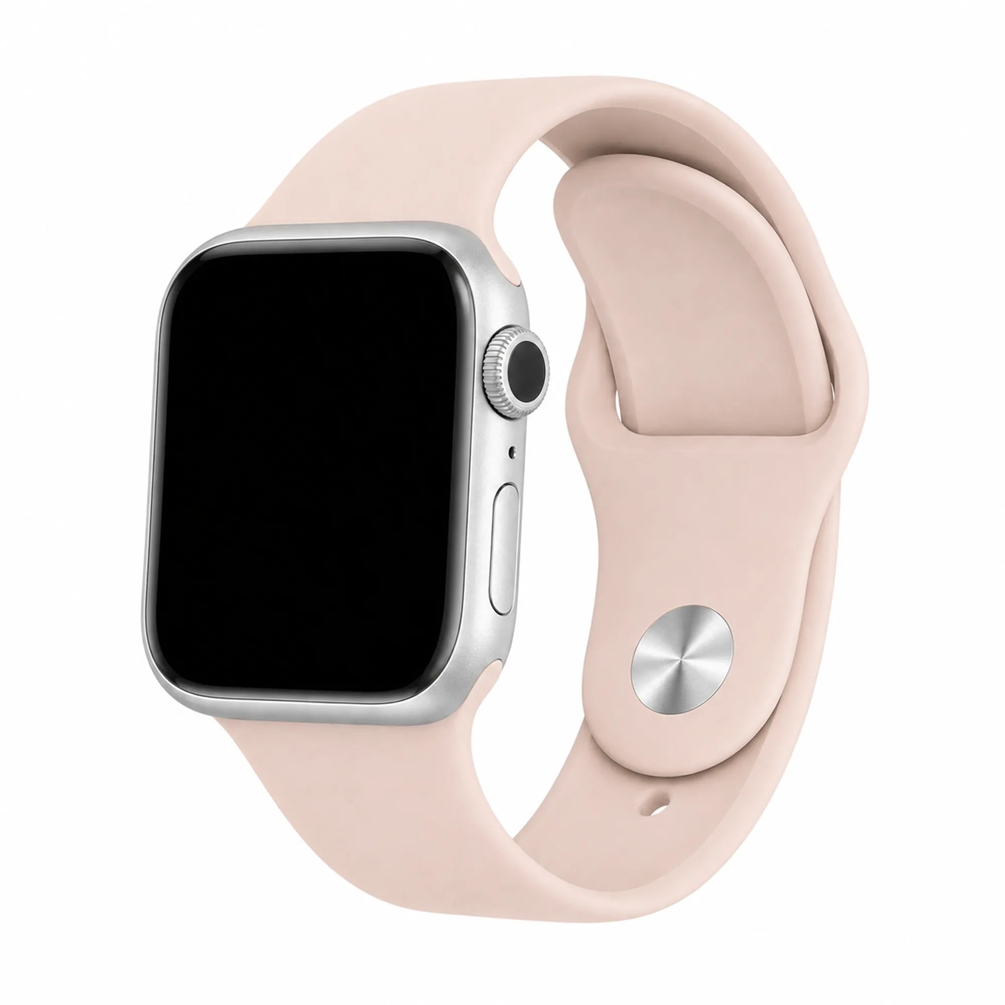 Blush pink silicone Apple Watch band with a silver-tone pin closure on a black-screen watch