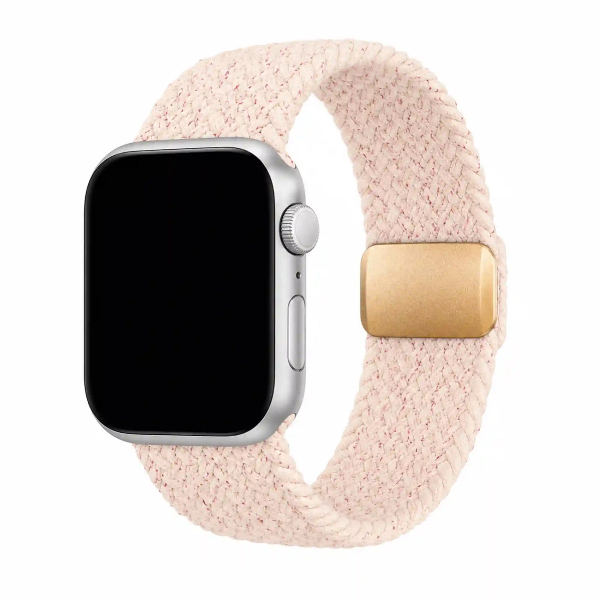 Margaux blush braided loop Apple Watch band with a gold adjustable clasp on a pure white background.