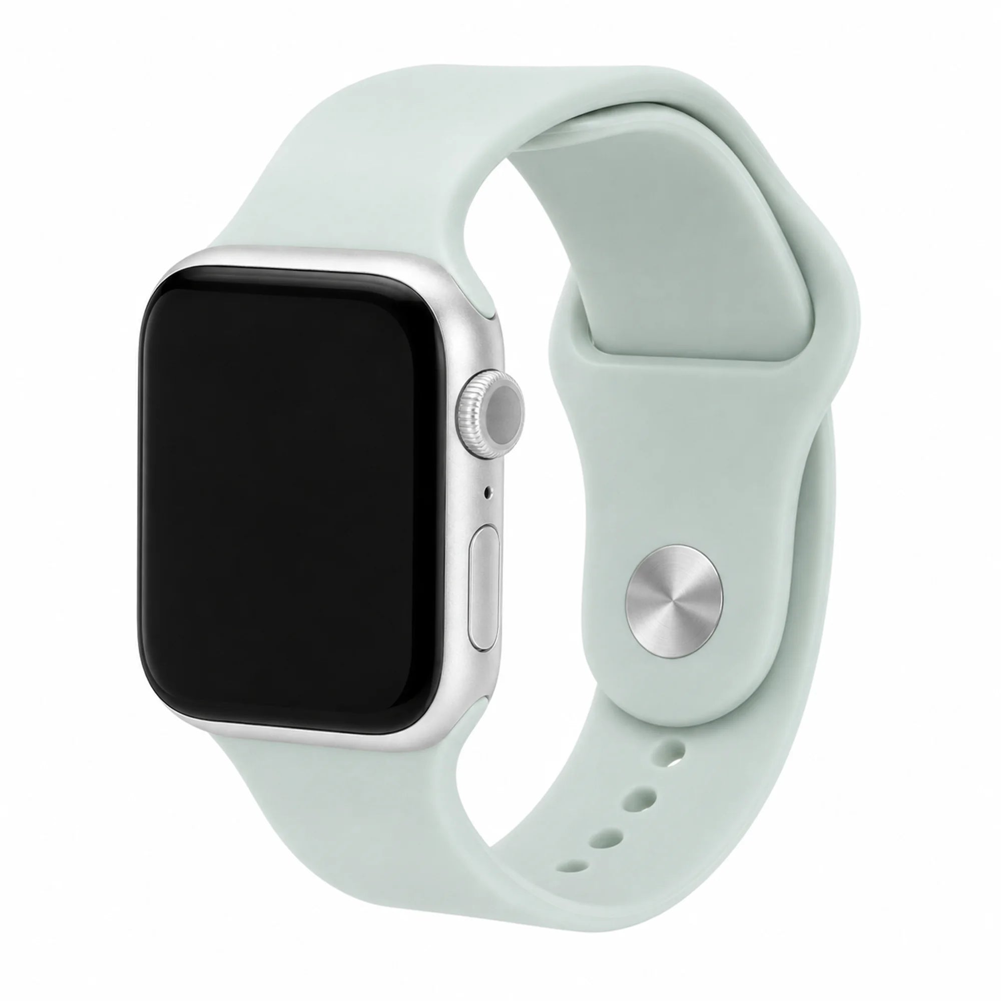 Soft mint silicone Apple Watch band with a silver-tone pin closure on a black-screen watch
