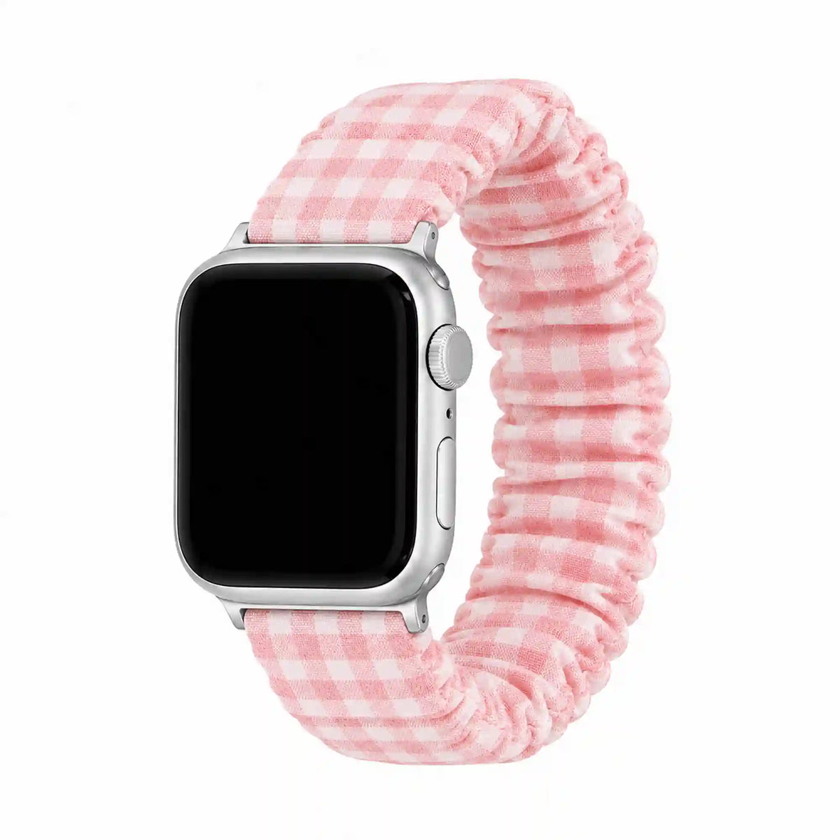 Pink gingham scrunchie Apple Watch band on a pure white background