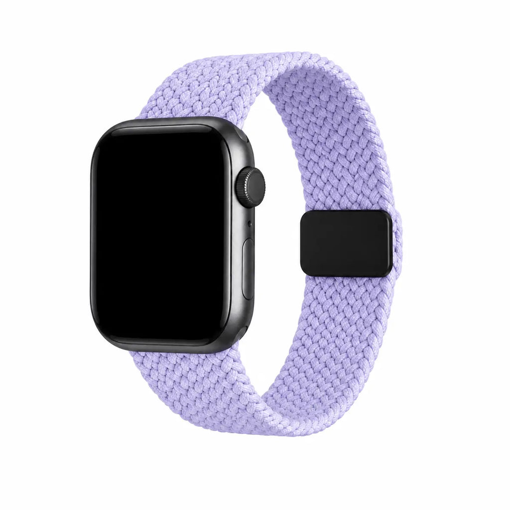 Soline lavender braided loop Apple Watch band with a black watch case on a pure white background.
