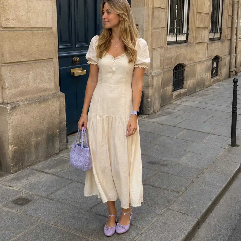Soline lavender braided loop Apple Watch band paired with a cream dress and matching lavender accessories.