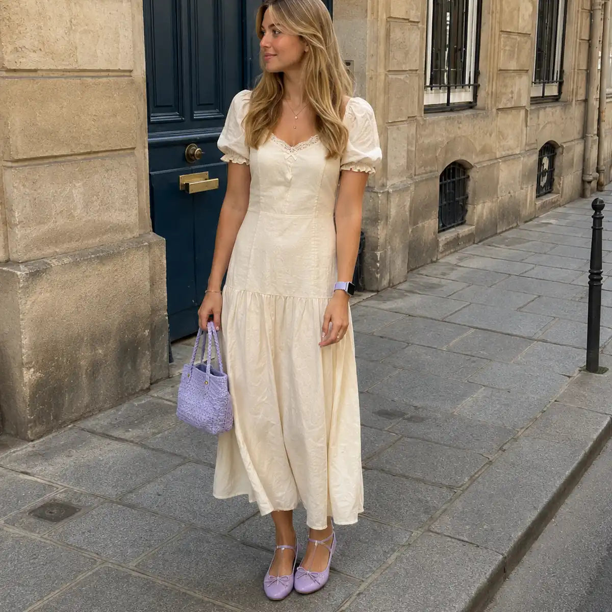 Soline lavender braided loop Apple Watch band paired with a cream dress and matching lavender accessories.