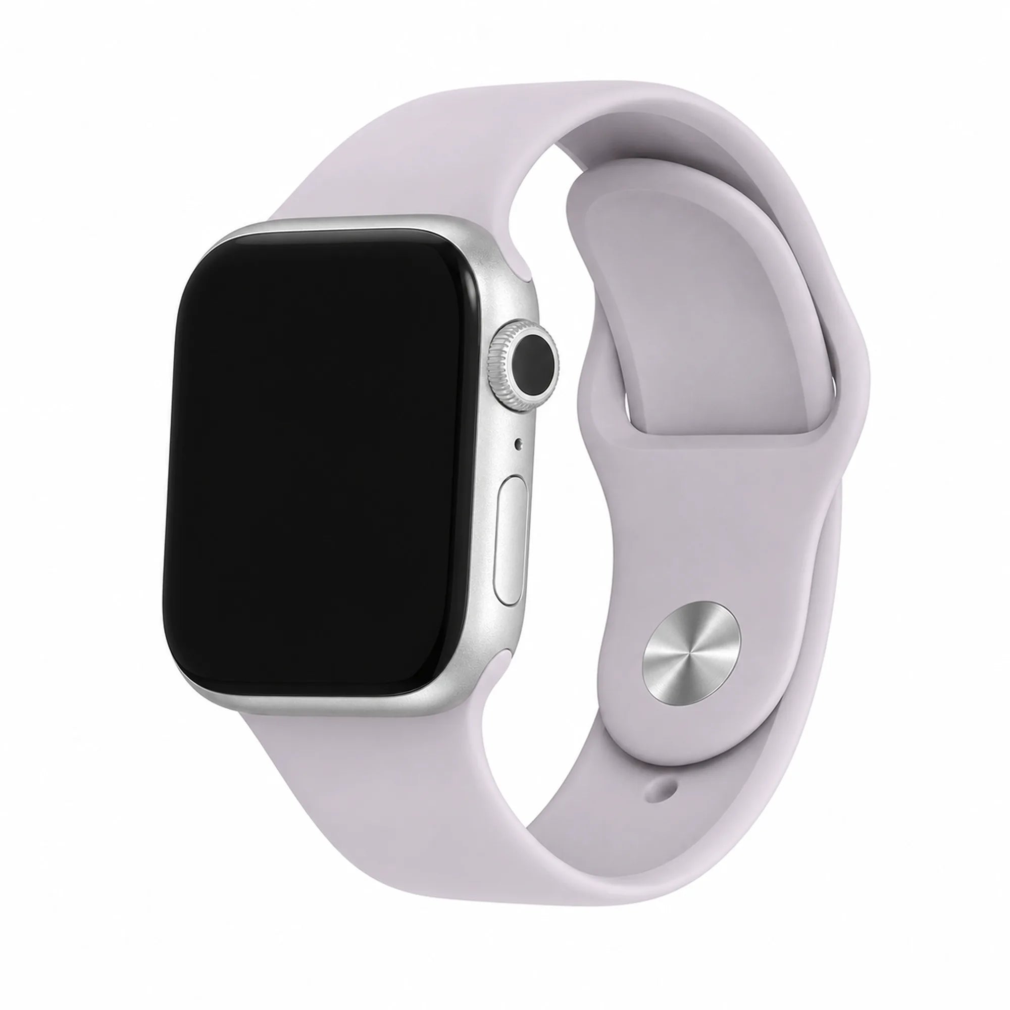 Lavender silicone Apple Watch band with a silver-tone pin closure on a black-screen watch