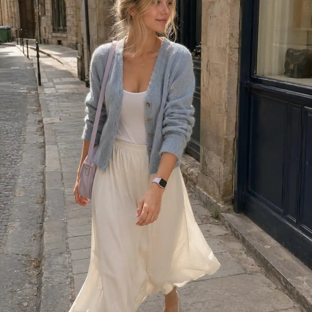 Woman wearing the Violette lavender silicone Apple Watch band with a feminine walking outfit in Paris.