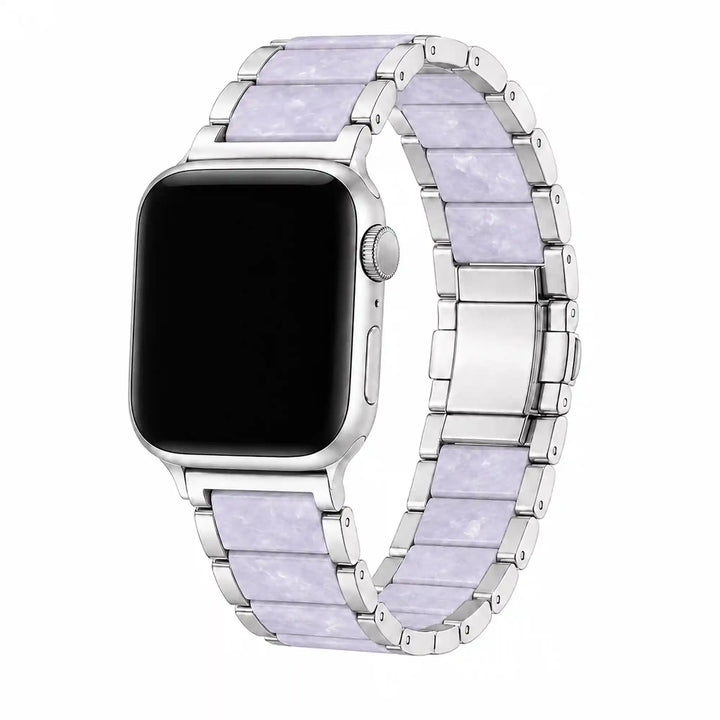 Lilac marble acetate and stainless steel Apple Watch band on a white background