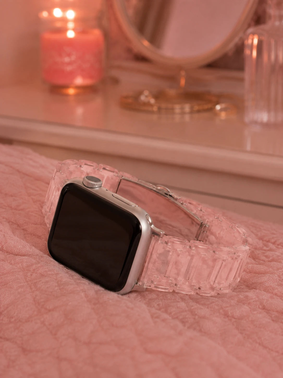 Close-up of the Juliette Pink Marble Acetate Apple Watch Band with a silver Apple Watch.