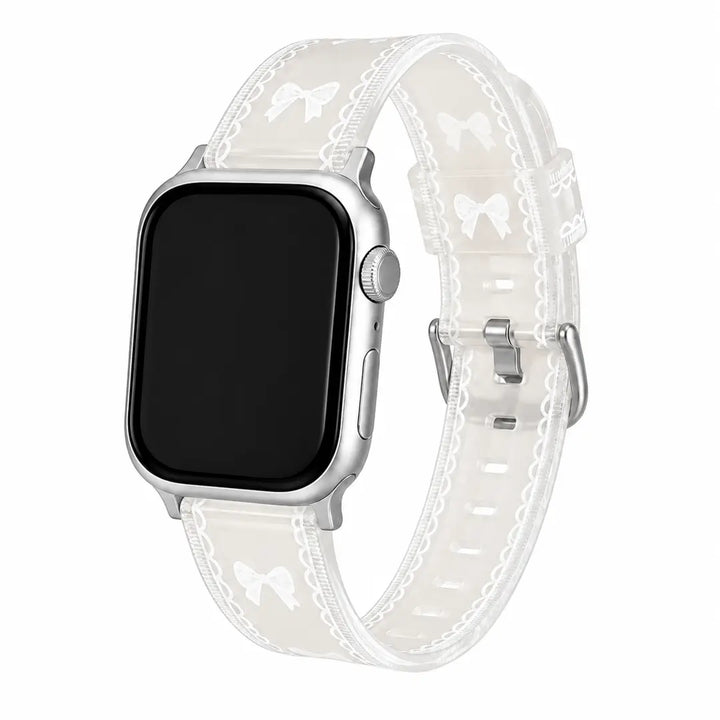 Odette clear bow lace Apple Watch band with silver hardware on white background